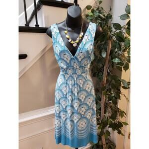 Elle Wrap Dress Womens Small Blue Abstract Cinch Waist Pleated V Neck
